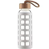 Cleesmil Sport Trinkflasche Glas Wasserflasche mit Silikonhülle mit Bambus Deckel 660 ml （Weiß）