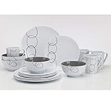 Melamin Geschirrset 16 Teile für 4 Personen weiß Essgeschirr Campinggeschirr Picknick ideal für Camping 16 tlg Teller Schüssel Tasse Becher modern Melamingeschirr Tafelservice Tafelgeschirr