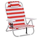 SONGMICS Strandstuhl mit Kühltasche, Klappstuhl, tragbarerer Campingstuhl, aus Aluminium, Flaschenhalter und Kopfstütze, faltbar, verstellbar, Outdoor-Stuhl, rot-weiß gestreift GCB63BU
