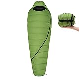 Qeedo Daunen-Schlafsack Asaka (2 Größen: M & L) / 6°C Komforttemperatur (3-Saison) / Mumienschlafsack extrem klein & leicht (Gr.M: 850g) / inkl. Kompressionssack + Aufbewahrungstasche - grün [Medium]