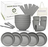 ENSINE 42-Teilig Camping Geschirr Set 5 Personen mit Tragetasche Picknick Geschirr Sets Plastik Geschirr,Wiederverwendbar Sichere Becher für alle Gelegenheit Grau