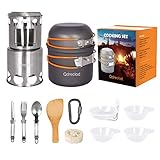 Camping Kochgeschirr Set Outdoor mit Campingkocher, Leichtes Alu-Kochset Camping Topf und Pfannenset, Rostfreier Stahl Faltbar Geschirr, Picknick Kochgeschirr für 1-2 Personen auf Reisen Wandern BBQ