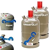 CAGO 2 x Camping Propan-Gas-Flasche 11kg grau leer Neuflasche Eigentumsflasche für Gasgrill, Gaskocher, Gasofen INKL Gasregler-Schlüssel mit Magnet