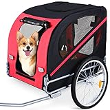 Fahrradanhänger für Hunde,137 × 71 × 94 cm, Hundeanhänger mit 6 Reflektoren,Flagge,600D-Oxford-Segeltuch, Klappbar, Zuladung 26 kg, 240 Liter Volumen, XL, Rot und Schwarz
