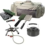 G8DS® Angel-Camping-Koch-Set: Reisetasche + Gas Kocher + 3-Way Pfanne mit Tasche + Toastie Maker mit Tasche + Kessel 1,1l