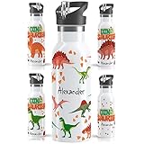 OWLBOOK Dinosaurier Bande Trinkflasche personalisiert Kinder Dino Flasche Edelstahl mit Strohhalm - Thermosflasche 600 ml - BPA frei Auslaufsicher - Kinder Trinkflasche für Schule Kindergarten