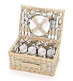 WOMA Picknickkorb mit Blumenmuster für 4 Personen I Geflochtener Weidenkorb mit Besteck, Geschirr & Weingläsern für Fahrrad & Auto I Moderner Picknickkorb mit Tragegriff & Deckel