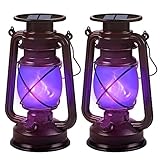 Solar Laterne Halloween Dekoration 2Pack Solarlaterne für Draußen Hängende LED Vintage Solar Gartenleuchten mit Lila Realistischer Flammeneffekt LED Laterne Outdoor Wasserdicht Campinglampe für Garten