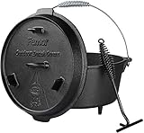 Femor Outdoor Dutch Oven, 8 Liter,Gusseisen Kochtopf mit Füßen, Feuertopf mit Deckelheber, Spiralförmiger Henkel und Schlitz für Themormeter, bereits eingebrannt,für BBQ, Kochen, Braten und Backen