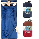 MIQIO® 2in1 Baumwoll-Hüttenschlafsack mit durchgängigem Reißverschluss (Koppelbar): Leichter Komfort Reiseschlafsack und XL Reisedecke in Einem - Sommer Schlafsack Innenschlafsack (Blau,Links)