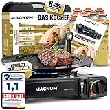 Magnum® Gaskocher mit Grillplatte inkl. 8 Gaskartuschen - robuster Tischgrill mit Gaskartusche – Camping Grill mit Kartusche 1-flammig – Campingkocher für Camping-Kochen für Grillstellen