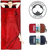 Miqio® 2in1 Baumwoll-Hüttenschlafsack mit durchgängigem Reißverschluss (Koppelbar): Leichter Komfort Reiseschlafsack und XL Reisedecke in Einem - Sommer Schlafsack Innenschlafsack (Rot, Links)