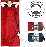 Miqio® 2in1 Baumwoll-Hüttenschlafsack mit durchgängigem Reißverschluss (Koppelbar): Leichter Komfort Reiseschlafsack und XL Reisedecke in Einem - Sommer Schlafsack Innenschlafsack (Rot, Links)