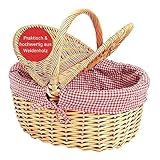 WOMA Weidenkorb mit rot weiß kariertem Innenfutter I Geflochtener Natur Korb mit Deckel & Henkel I Einkaufskorb aus Weidenholz I Picknickkorb oder Präsentkorb mit Stoffauskleidung